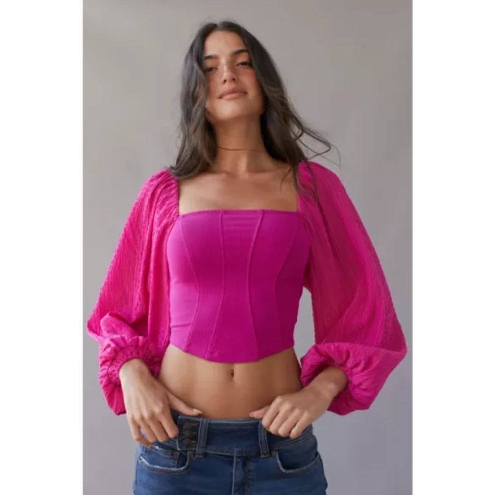 Urban Outfitters Women's Puff Sleeve Corset Crop Top Size M Pink Stretch Knits